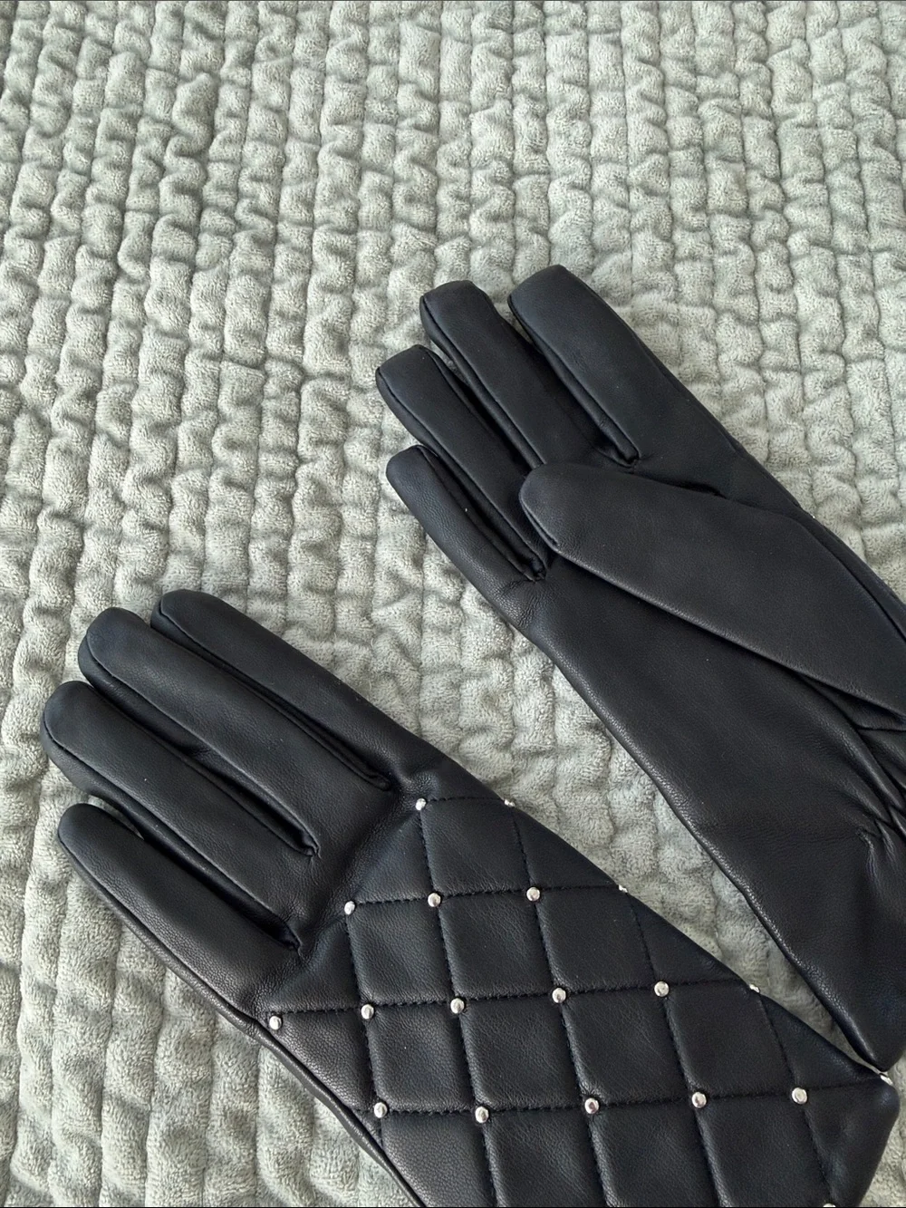 Mango Black Quilted Studded Leather Gloves for Women